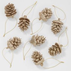 several pine cones are arranged together on a white surface with twine cords and gold thread