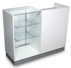 a white cabinet with glass doors and shelves on both sides, is shown against a white background