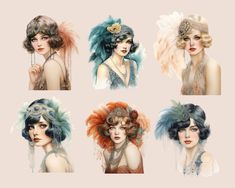 four different types of women with hair and make - up on their faces, all wearing headdress