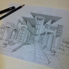 a pencil drawing of a house with an entry way leading to the front door and another room on the other side