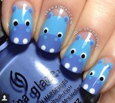 Daycare Nail Ideas, Hippo Nail Art, Dinosaur Nails Designs Easy, Dino Nails Art Simple, Hippo Nails, Nail Ideas Dinosaur, Panda Nail Art, Nails With Animals Nailart, Nail Art Cute