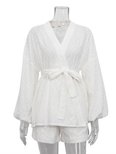 This lovely robe style two piece set is absolutely cute and comfortable. Chic White V-neck Sets, Chic Long Sleeve Kimono For Loungewear, Elegant Two-piece Loungewear Set, Elegant Long Sleeve Sleepwear For Vacation, Elegant Two-piece Beach Set, Elegant V-neck Beach Set, Chic Wrap Kimono For Daywear, Elegant V-neck Sleepwear For Vacation, Elegant Beach Sets For Spring