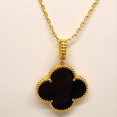 Genuine Onyx Clover Necklace. Double Sided Hypoallergenic 18 Kt Gold Plated. Size Is Large /Magic As Shown Next To Quarter. Clover Jewelry, Clover Necklace, Black Onyx, Onyx, Gold Plate, Plating, Pendant Necklace, Pendant, Women Shopping