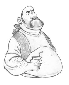 a drawing of a man holding a cup and looking at something in his hand while wearing overalls