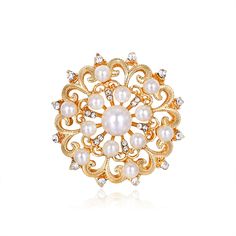 Decorate your ensemble with personality-flaunting flair when you attach this floral brooch boasting sparkling cubic zirconia, pearl and 18k gold-plated metal. 1.3" diameter 18k gold-plated copper / cubic zirconia / pearl Gold Pearl Brooches For Party, Gold Pearl Brooch Jewelry, Gold Round Brooches For Wedding, Gold Wedding Brooch, Gold Pearl Brooches For Wedding, Gold Round Wedding Pins, Gold Wedding Pins, Formal Gold Pearl Brooches, Cute Brooch