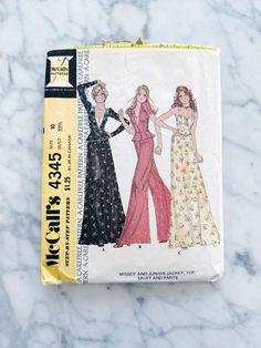 McCall's 4345; ©1974; Misses' and Junior Jacket, Top, Skirt and Pants. Size 10 Bust 32.5 Waist 25 Hip 34.5 Envelope is in good vintage condition with wrinkling, yellowing and slight wear. Pattern is cut, complete with instructions included and is shipped in a custom sized protective plastic sleeve (also available for sale in shop). --- I always combine shipping on multiple items. Check out my shop announcement for free shipping & multiple pattern order discount details, and view my other listings at Sewing Pattern Archive here: https://www.etsy.com/shop/SewingPatternArchive --- CREATE A PERFECT FIT: Don't miss out just because the sizing isn't quite right! Resizing a pattern is simple, instructions may be found here: https://www.sensibility.com/blog/tips/how-to-resize-a-pattern/ Flare Maxi Skirt, Skirt And Pants, Peplum Jacket, Mccalls Patterns, Couture Vintage, Pantalon Large, Vintage Sewing Patterns, Blog Tips, Corset Top