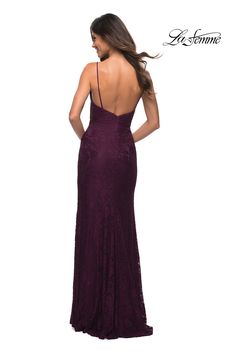 Simply beautiful, this long lace prom dress by La Femme sparkles under the lights. With scattered beading on floral lace, this lovely form-fitting evening gown combines simple design with shimmering details. Barely-there shoulder straps, an open back, and a thigh-high slit add excitement to this figure-flattering formal dress. Whether you're attending prom, a military ball, or another black-tie event, this long lace prom dress by La Femme is as eye-catching as it is elegant. V-neck Gown With Lace Back And Fitted Bodice, Fitted Lace Bodice V-neck Gown, Fitted V-neck Gown With Lace Back, Gala Lace Dress With Lace Bodice, V-neck Evening Dress With Lace Back And Fitted Bodice, V-neck Gown With Corset Back, Lace Bodice Gown For Prom Season, Elegant Lace Dress With Corset Back, Fitted V-neck Gown With Lace Bodice