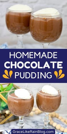 three glasses filled with homemade chocolate pudding