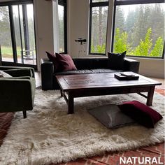 a living room filled with furniture and large windows