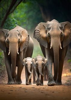 three adult elephants and two baby elephants walking down a dirt road in front of trees