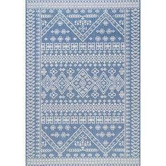 a blue and white rug with an intricate design on the bottom, in front of a white background