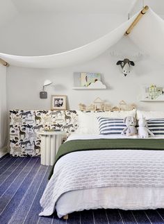 a bedroom with white walls and blue carpeted flooring is pictured in this image