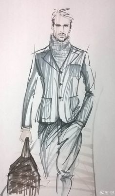 a drawing of a man in a suit and tie walking down the street with a handbag