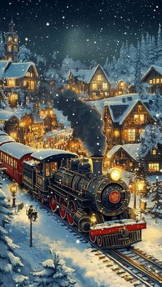 a painting of a train traveling through a snowy town at night with lit up buildings