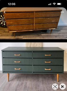 an old dresser has been painted green and gold