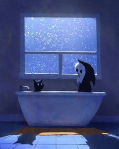 two cats sitting in a bathtub with the window open