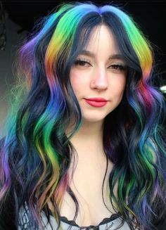 Black Hair With Vivid Highlights, Multi Color Hair Dye Techniques, Rainbow Balayage, Colorful Highlights, Hair Dye Techniques, Rainbow Highlights, Pink Purple Hair, Client Board, 2024 Hairstyles