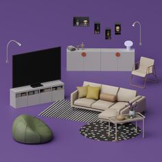 a living room filled with furniture and a flat screen tv on top of a purple wall