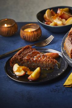 A slice of dark rich honey cake, drizzled with honey and served with caramelised apples. Cosy Season, Autumn Baking, Apple Cakes, Caramelised Apples, Easy Lunch Boxes, Bbc Food, Healthier Food