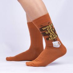 Woke Up Sexy As Hell Again | Snarky Coffee Crew Socks - Brown | Men's - Sock It to Me Mens Novelty Socks, Sock It To Me, Mens Crew Socks, Morning Cup Of Coffee, Men's Shoe, Left Out, Novelty Socks, Socks And Tights, Dress Socks