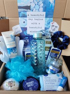 a box filled with lots of different types of hygiene products and personal care items in it