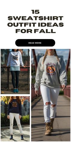 Get inspired with these cute fall fits. These 15 cozy sweatshirt outfits are perfect for your wardrobe. Save this for later and follow us for more fall outfit ideas.