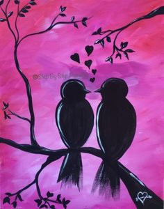 two birds sitting on a tree branch in front of a pink sky with hearts painted on it