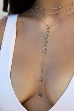 Materials 18k Gold Plated or Rhodium Plated, Brass and Steel Base Metals, Cubic Zirconia Length Layers: 11-15" and a 5" extender Closure Lobster Clasp Dope Jewelry, Jewelry Lookbook, Body Chain Jewelry, Girly Jewelry, Jewelry Inspo, Dream Jewelry, Lariat Necklace, Pretty Jewellery, Piercing Jewelry