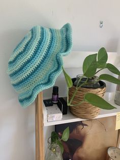 a hat is sitting on top of a shelf next to a potted plant and other items