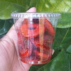 a hand holding a plastic container filled with strawberries