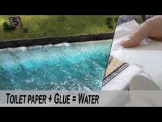 a person holding a roll of toilet paper next to a pool with blue water in it