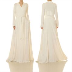 Long Sleeve Lounge Dress Kimono White Wrap Dress Beige Long Sleeve Dress For Wedding Night, Cream Long Sleeve Maxi Dress For Wedding, Elegant Long Sleeve Off White Maxi Dress, Off White Maxi Length Wedding Gown, Elegant Off White Long Sleeve Maxi Dress, Elegant Off-white Long Sleeve Maxi Dress, Elegant Long Off White Dresses, Elegant Long Off-white Dress, Off White V-neck Maxi Dress For Wedding