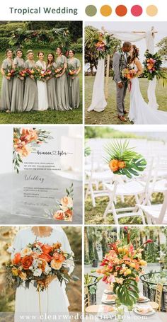 an orange and green wedding color scheme with the bride and groom in white, grey, yellow