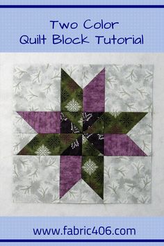 the two color quilt block is shown in purple, green and grey colors with an intricate star design on it