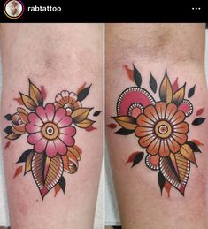 two tattoos with flowers on their legs and one has an orange flower in the center