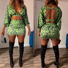 Open Keyhole Back Super Stretchy Good Material High Waist Skirt Green Two Piece Set, Bat Sleeve Top, Cheetah Skirt, Green Two Piece, Mini Skirt Set, High Waist Skirt, Bat Sleeve, Cut Top, Super Duper