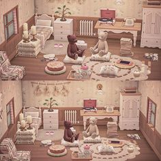 two teddy bears are sitting on the floor in a dollhouse with furniture and decor