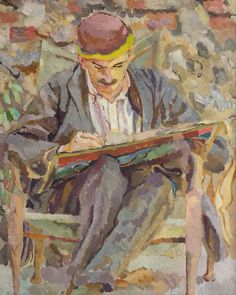 a painting of a man sitting in a chair reading a book while wearing a hat