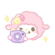 a drawing of a cat laying on top of a camera next to a pink teddy bear