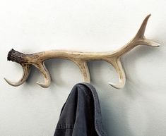 a coat rack with antlers hanging from it's sides next to a pair of jeans