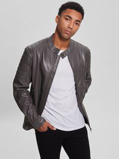 Faux Leather Biker Jacket With Zip Fly, Biker Style Faux Leather Jacket With Zip Fly, Moto Style Faux Leather Jacket For Workwear, Urban Faux Leather Jacket With Zipper, Urban Faux Leather Jacket With Zipper Closure, Grey Leather Jacket, Vest For Men, Faux Leather Biker Jacket, Guess Men