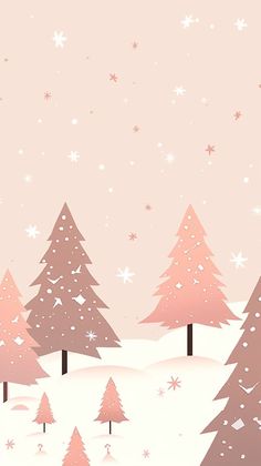 a pink christmas card with trees and snow flakes