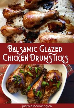 balsamic glazed chicken drumsticks on a plate with text overlay that reads balsamic glazed chicken drumsticks