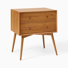 a wooden nightstand with two drawers on one side and an open drawer on the other