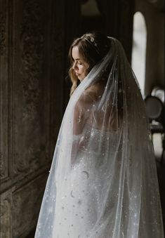 a woman in a wedding dress with a veil over her head