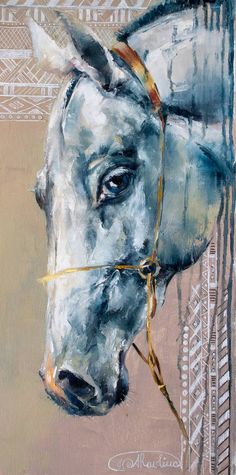 a painting of a white horse wearing a bridle