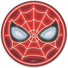 a spider - man face with glowing eyes on a red circular light up sign that says,