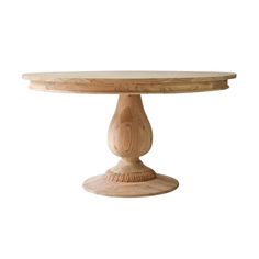 a round wooden table with a pedestal on the top and one foot in the middle