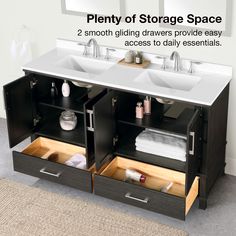 a bathroom vanity with two sinks and storage space underneath the countertop is labeled plenty of storage space 2 smooth gliding drawers provide easy access to daily essentials