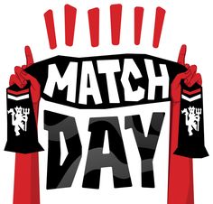 the words match day written in black and red with two hands holding up their fingers